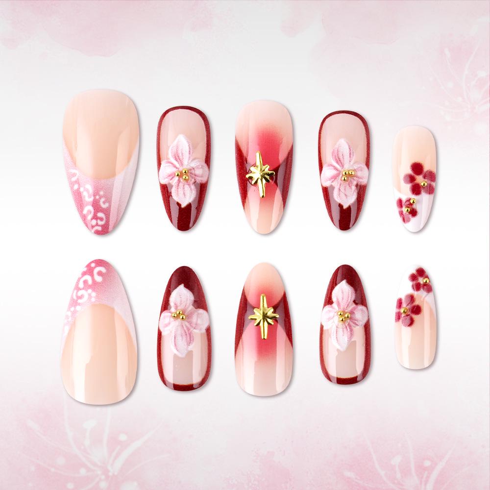 Cherry Blossom Embossed Gold-Plated 3D Press-On Gel Nails - 24 Pieces