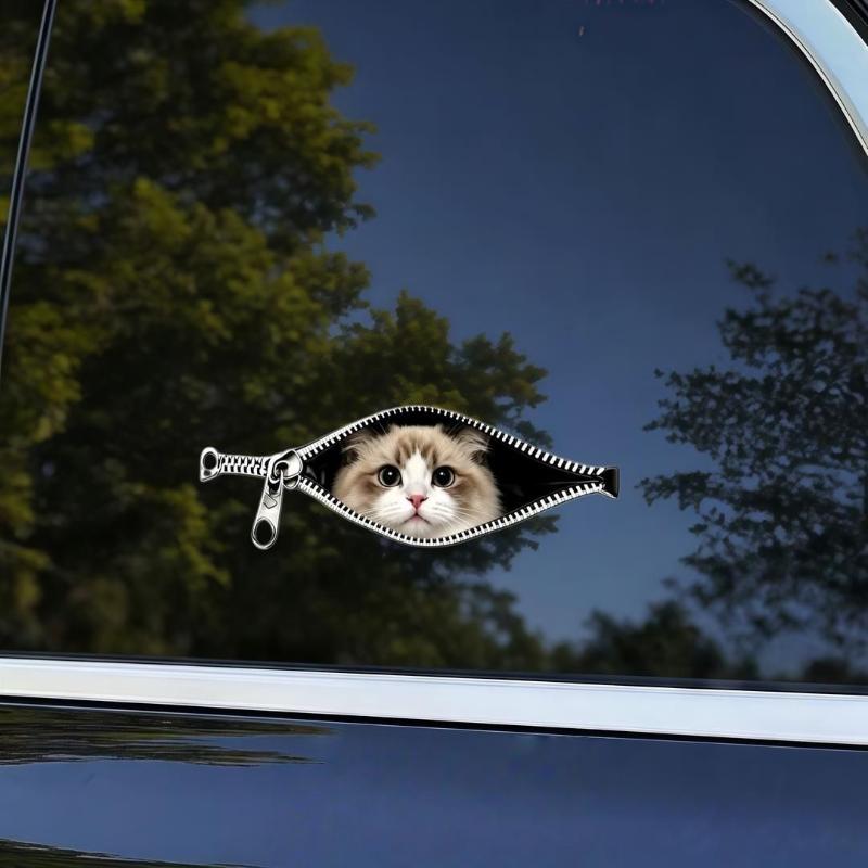 Cat Car Sticker Zipper Cat Puppet Teddy Border Collie Puppy Cute Creative Personality Pet Car Decorative Sticker 1Pc