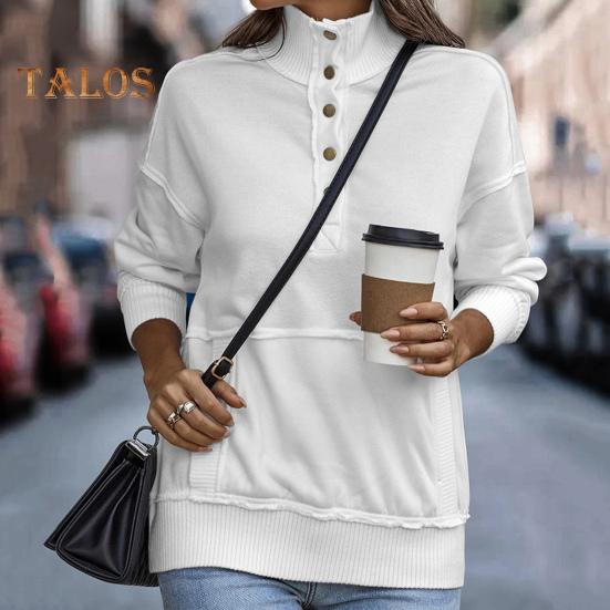 Fall Spring Women Sweatshirt Half-open Stand Collar Solid Color Loose Pullover with Big Pocket Elastic Cuffs OL Commuting Daily Top