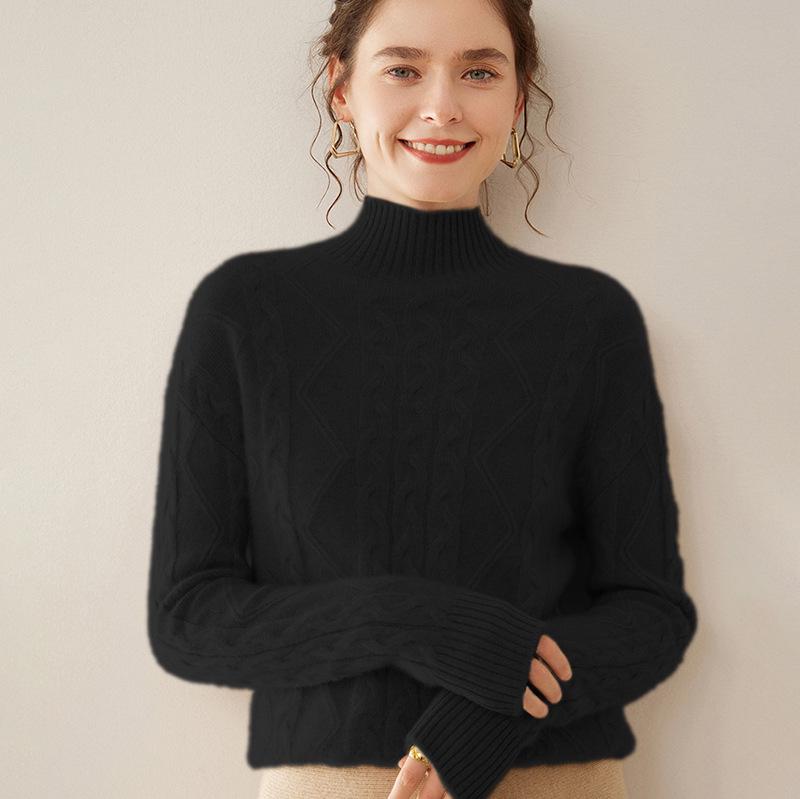 2025 Autumn-Winter Women's Retro Cashmere Cable Knit Sweater, Half-High Collar, Loose Slim Fit