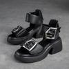 Johnature Genuine Leather Peep Toe High Heel Sandals Women Retro Comfortable Breathable Thick Sole Shoes