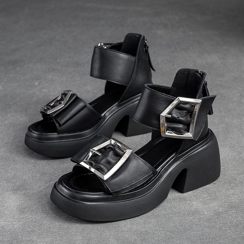 Johnature Genuine Leather Peep Toe High Heel Sandals Women Retro Comfortable Breathable Thick Sole Shoes