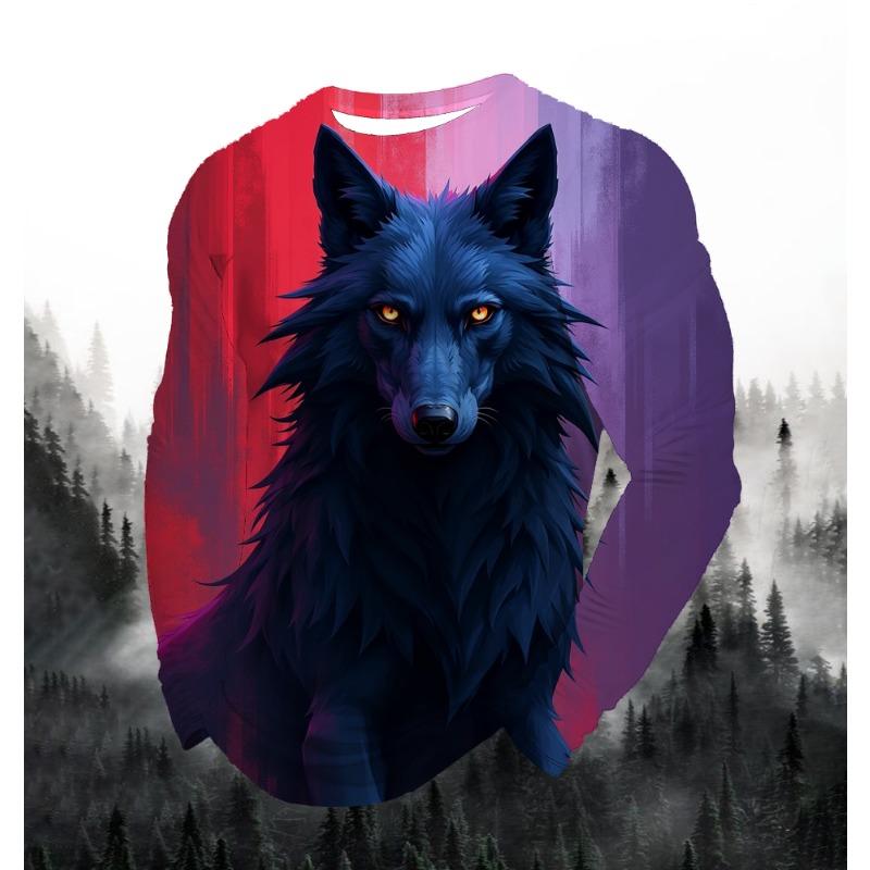 2024 Men's Fashion Print Round Neck Long Sleeve Party Autumn Sports Casual Pullover Men 3d Lonely Wolf Blue Print Tops