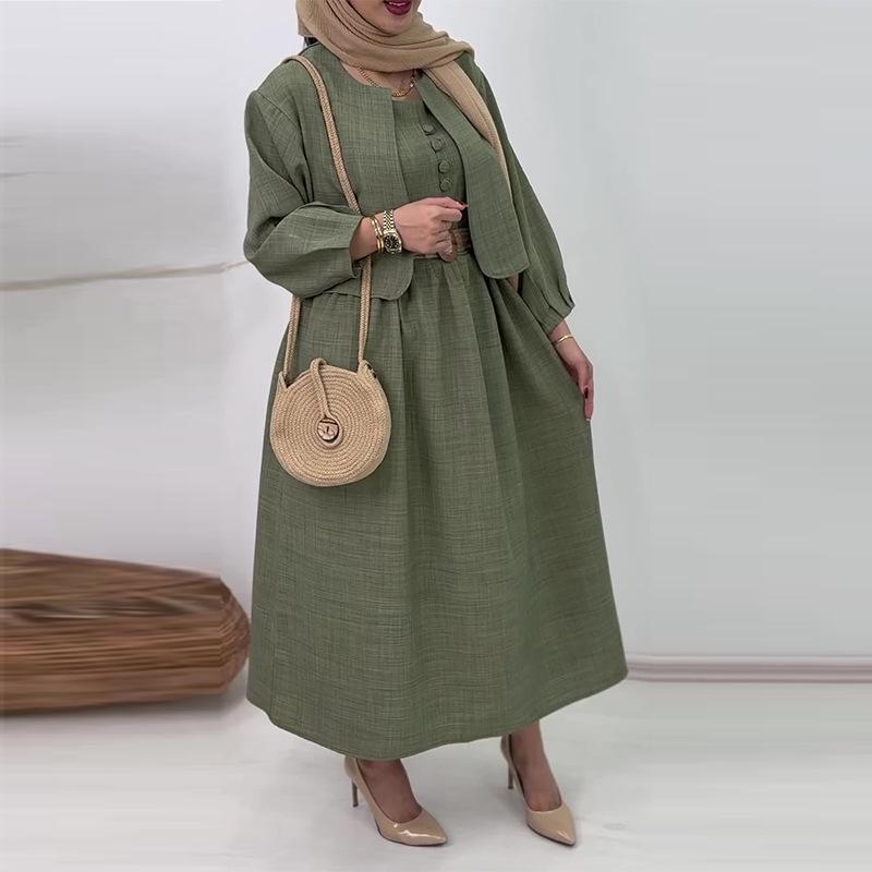 

2024 Женский однотонный комплект из двух предметов: юбка макси с высокой талией - Простой осенний стиль Large зелёный