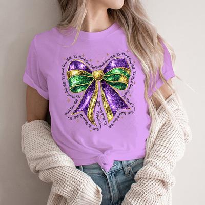 T-shirt Coquette à nœud Mardi Gras pour femmes Carnaval T-shirt graphique à nœud pailleté Mardi Gras Vêtement à col rond pour fête Mardi Gras