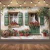 2D French Village Cottage Tapestry, Window with Flowers and Old Wagon Wheel Background Cloth