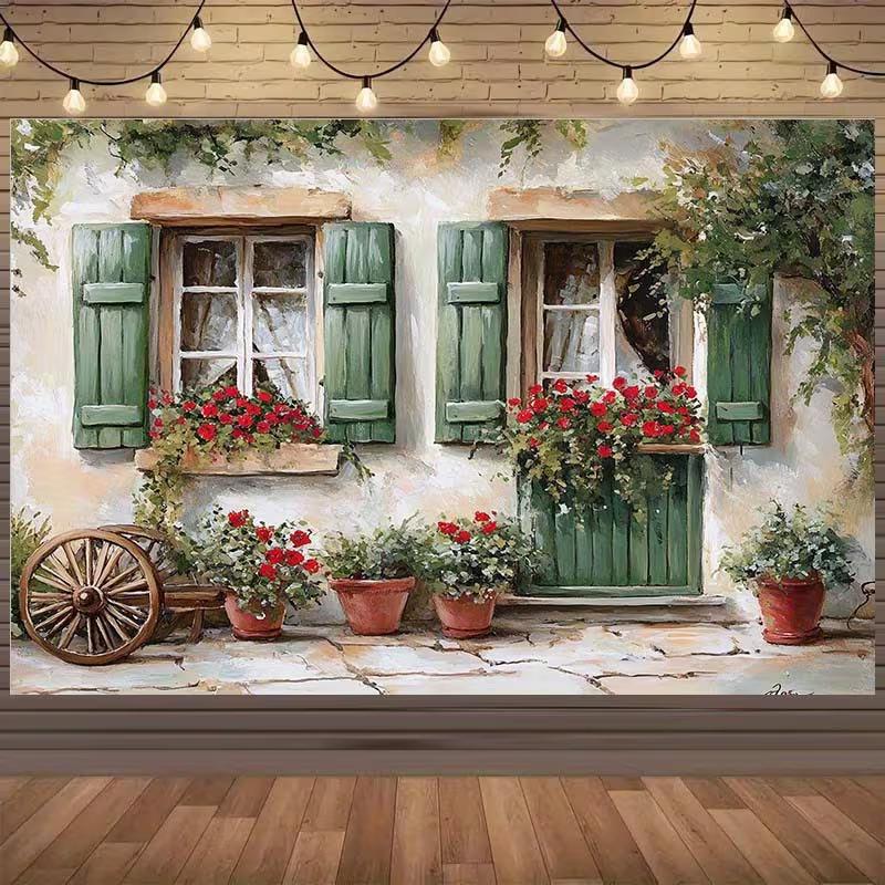 2D French Village Cottage Tapestry, Window with Flowers and Old Wagon Wheel Background Cloth
