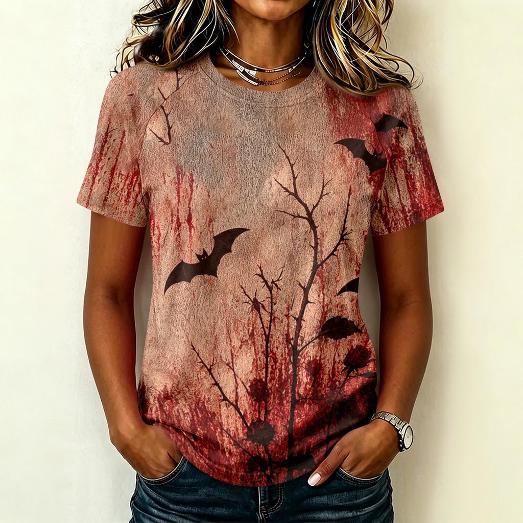 Camiseta Ligera Informal para Mujer con Mangas Raglán, Cuello Redondo y Manga Corta, Estampado Gráfico Temático de Halloween