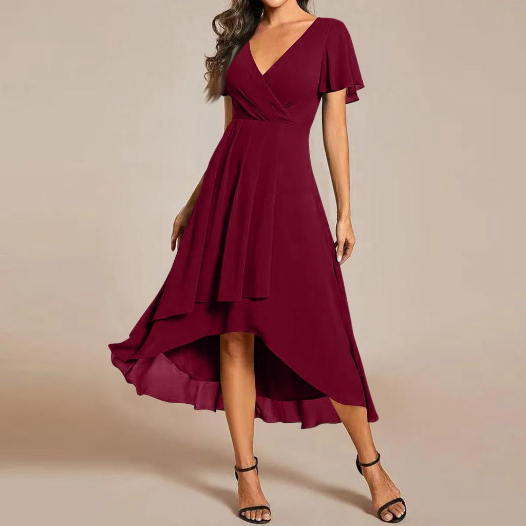 Women's Summer Dress Slim Fit Dress Color Chiffon V Neck Short Sleeved Dress