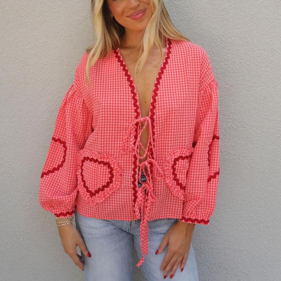 Camicia a Quadri Cuore con Maniche a Lanterna Europee e Patchwork di Pizzo Primavera/Estate 2026