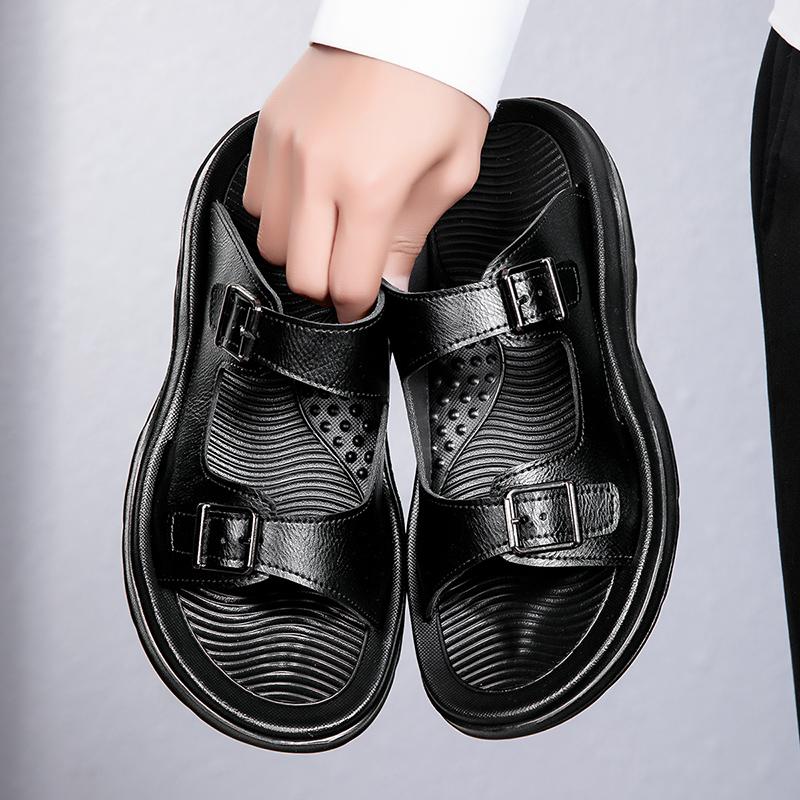 Fashion Premium Mens Leather Slippers Adjustable Buckle Slides Non-Slip Sole Man Wading Aqua Shoes Comfortable Summer Half Drag Slippers