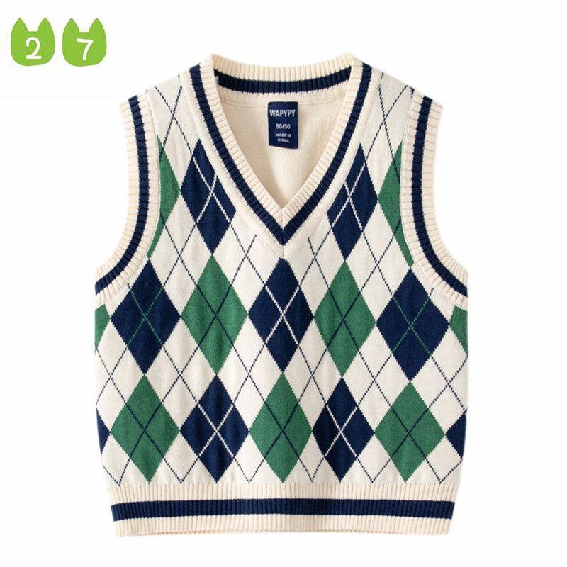 Spring and Autumn Rhombus Vest V-neck Top Wool Children's Clothing