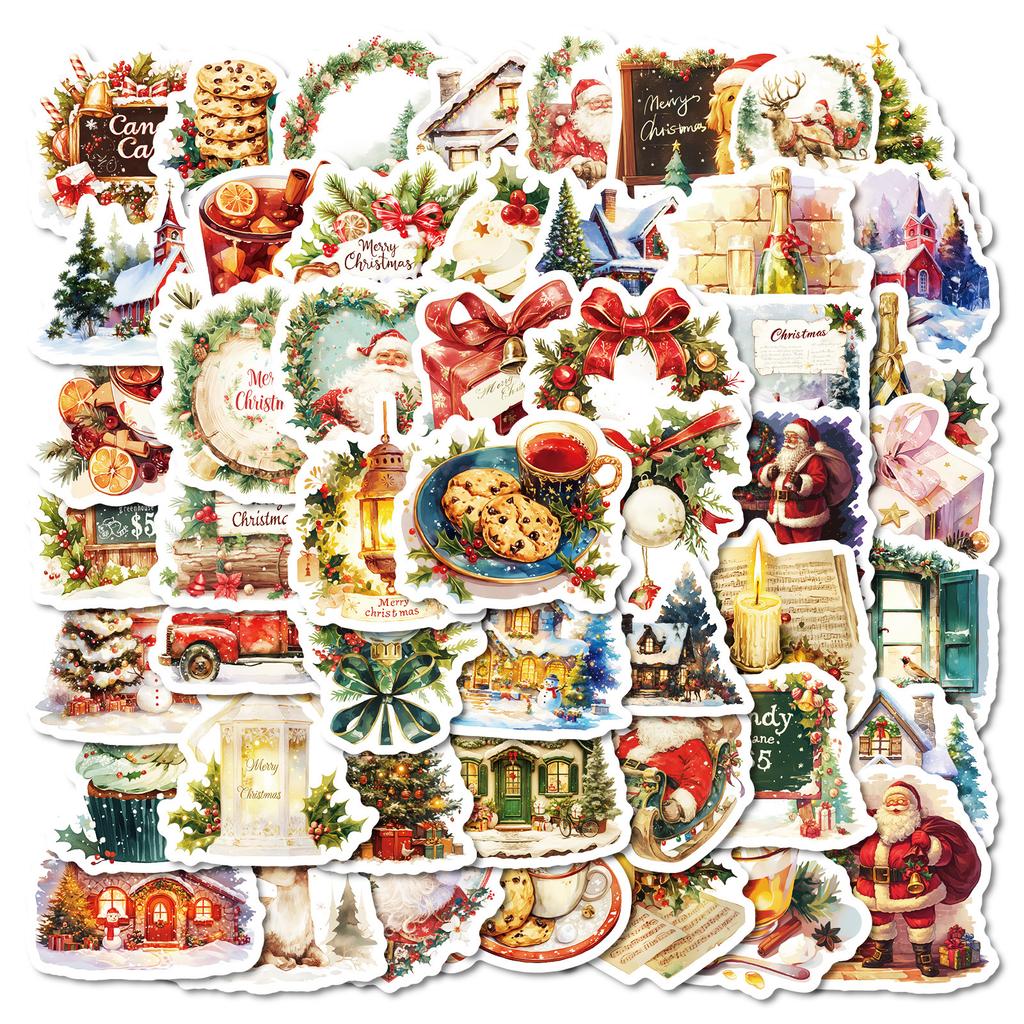 50 PCS Vintage Christmas Stickers - Cozy Holiday Decals for Journals, Luggage, Gifts