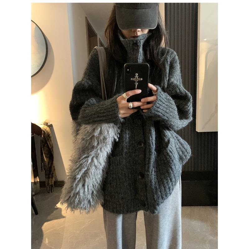 Gray soft waxy turtleneck cardigan sweater jacket women wear lazy wind loose medium and long knitted sweater in autumn and winter