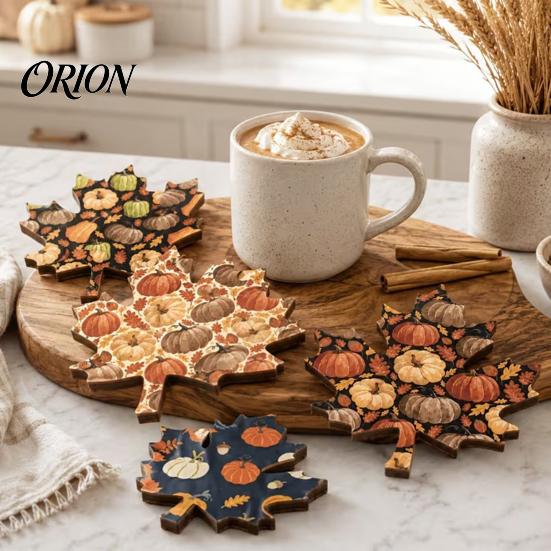 Coasters for Coffee Tables 4Pcs Thanksgiving Wooden Maple Leaf Coaster with Pumpkin Print, Heat Resistant Print Table Non-Slip Drink Mats Fall