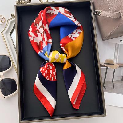 Color Block Round Simulation Silk Silk Scarf Daily Going Out Leisure Chinese Square Scarf Spring And Summer Versatile Decorative Foreign Style Scarf