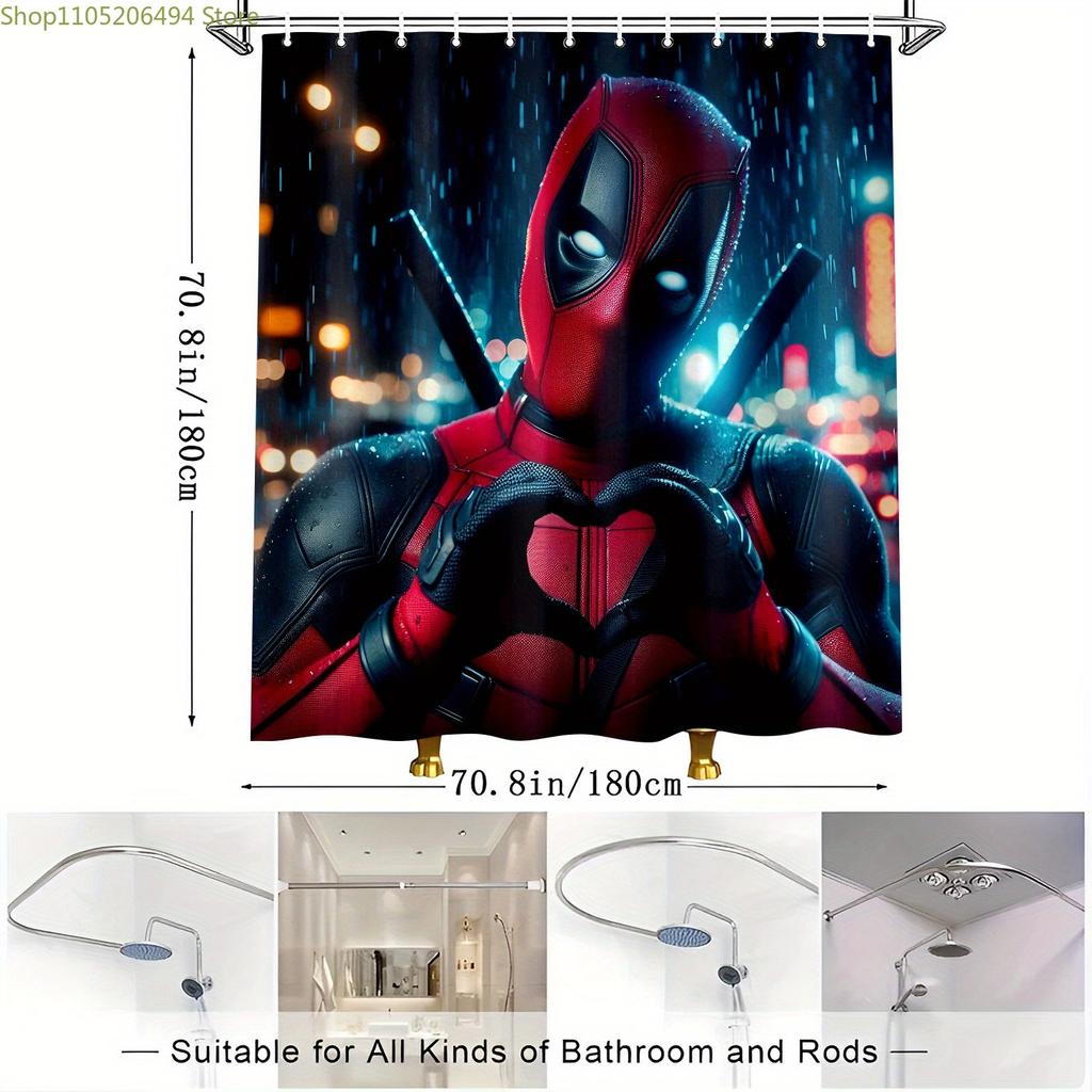 1Pc Marvel Shower Curtain Deadpool Shower Curtain, Printed Pattern Bathroom Set, Bathroom Decorative Shower Curtain With Hooks