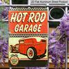 2D Flat, 1pc Vintage Hot Rod Garage Metal Sign - 8x12 Inch Retro 1950s Style Classic Hot Rod Car & Checkered Racing Design - Durable Aluminum Wall