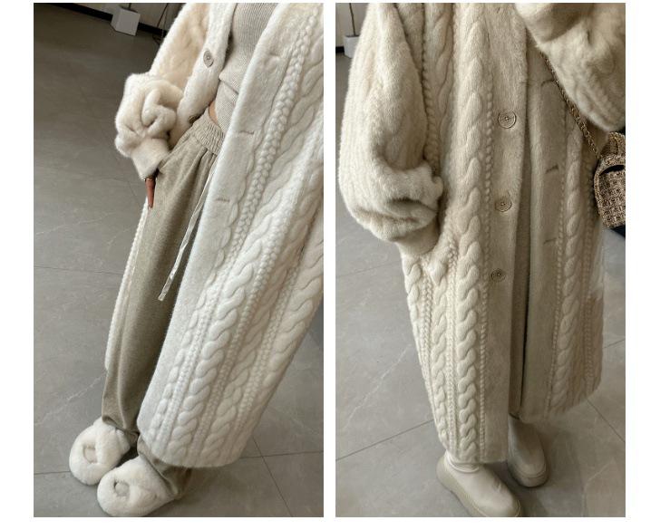 Thick Long Faux Mink Cable Knit Cardigan and Leather-Fur Eco Coat for Women Winter