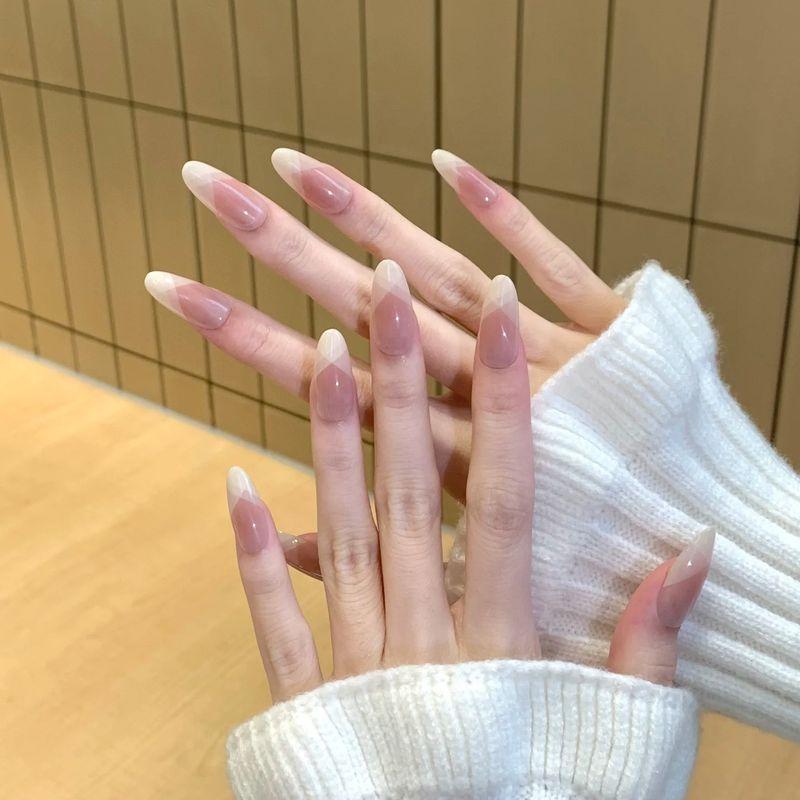 

Mid Length Long Length Wear Nail Stickers Pure Desire Nude Blush Blooming Gradient Gentle French White Fake Nails Gentle Blush French-Medium Oval