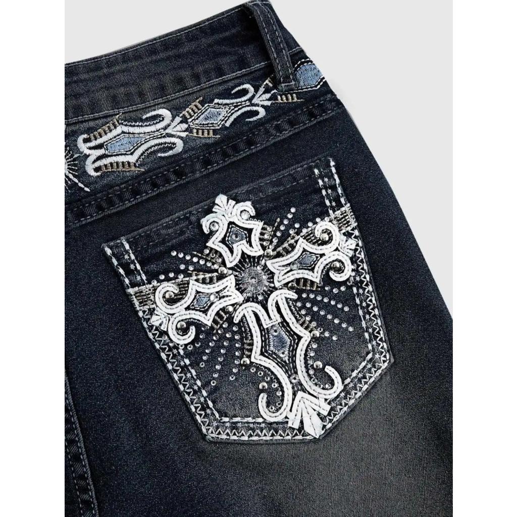 RogueWave Jeans Pantaloni a Zampa Donna Vintage Boot Cut Ricamo Tasche Strass Lavati Donna Jeans Strappati Pantaloni Streetwear