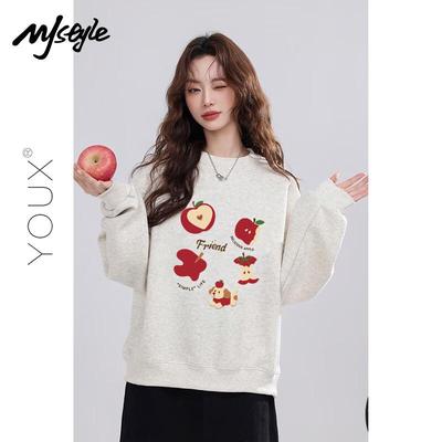 MJ Stil Damen Hellgrau Melange Frucht Hund Grafik Pullover Sweatshirt