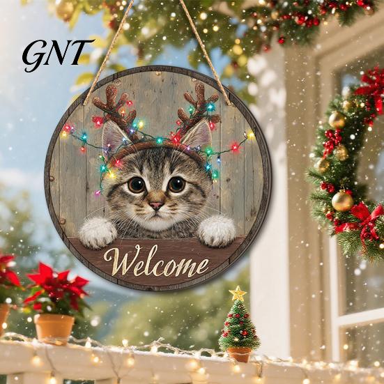 Front Entrance Decoration Wooden Christmas Welcome Sign, Animal Round Hanging Door Decor, Pet Theme Farmhouse Ornament for Window Garden Holiday Decor