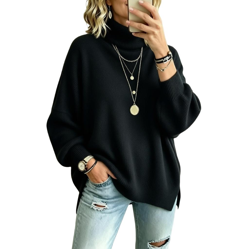 Women's Color Turtleneck Long Sleeve Knit Pullover Sweater with Side Slits