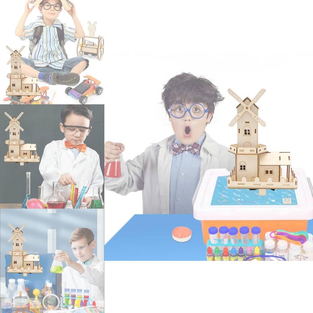 Children's Wooden Diy Dutch Windmill Science Toy Electric Light House Educational Model