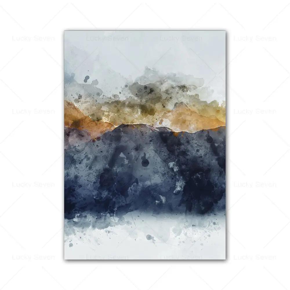 Navy Blue Golden Mountains Abstract Wall Art Canvas Painting Modern Nature Watercolor Artwork Prints Posters Living Room Decor