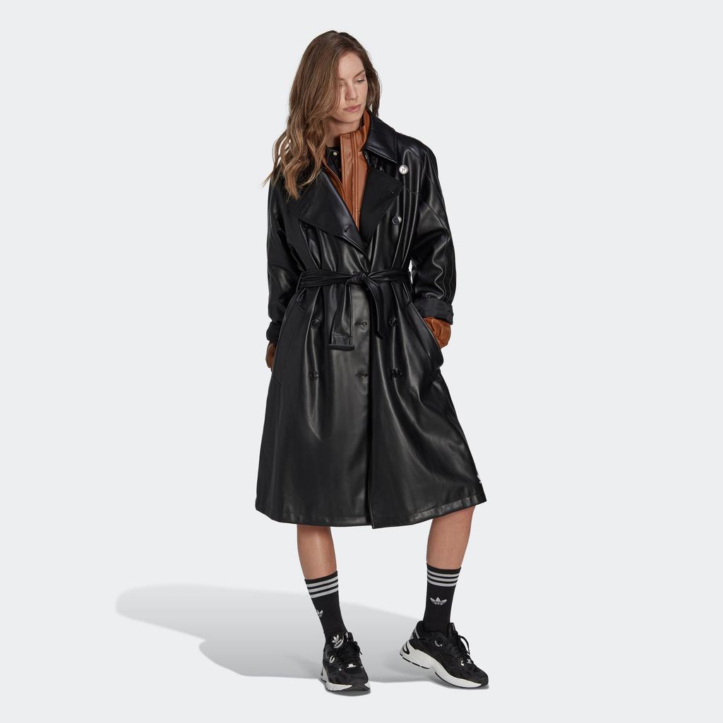 Adidas Originals Trefoil Faux Leather Double-Breasted Long Trench Coat Women Outerwear Black II6083