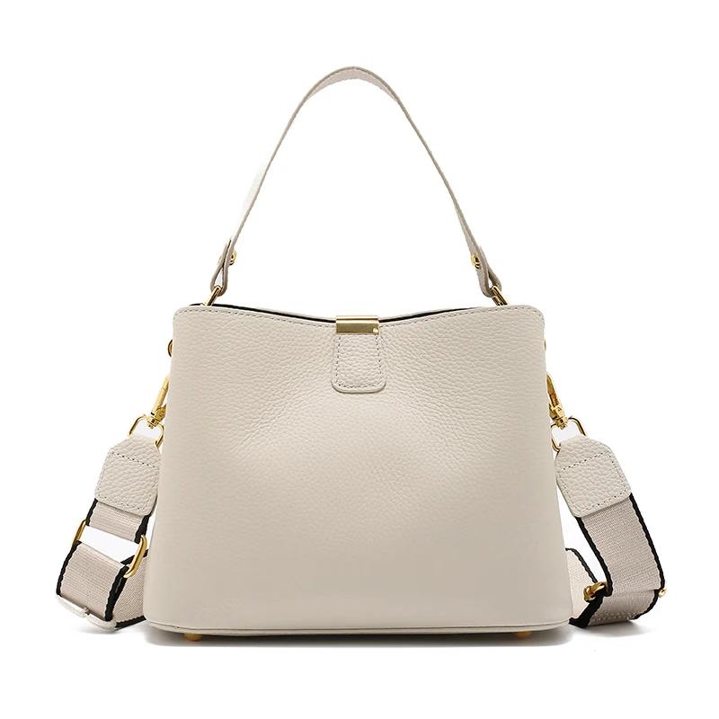 Genuine Leather Shoulder Bucket Bag Women Basket Tote Soft Handbag Genuine Leather Women Fashi Commuter One-shoulder Handbag
