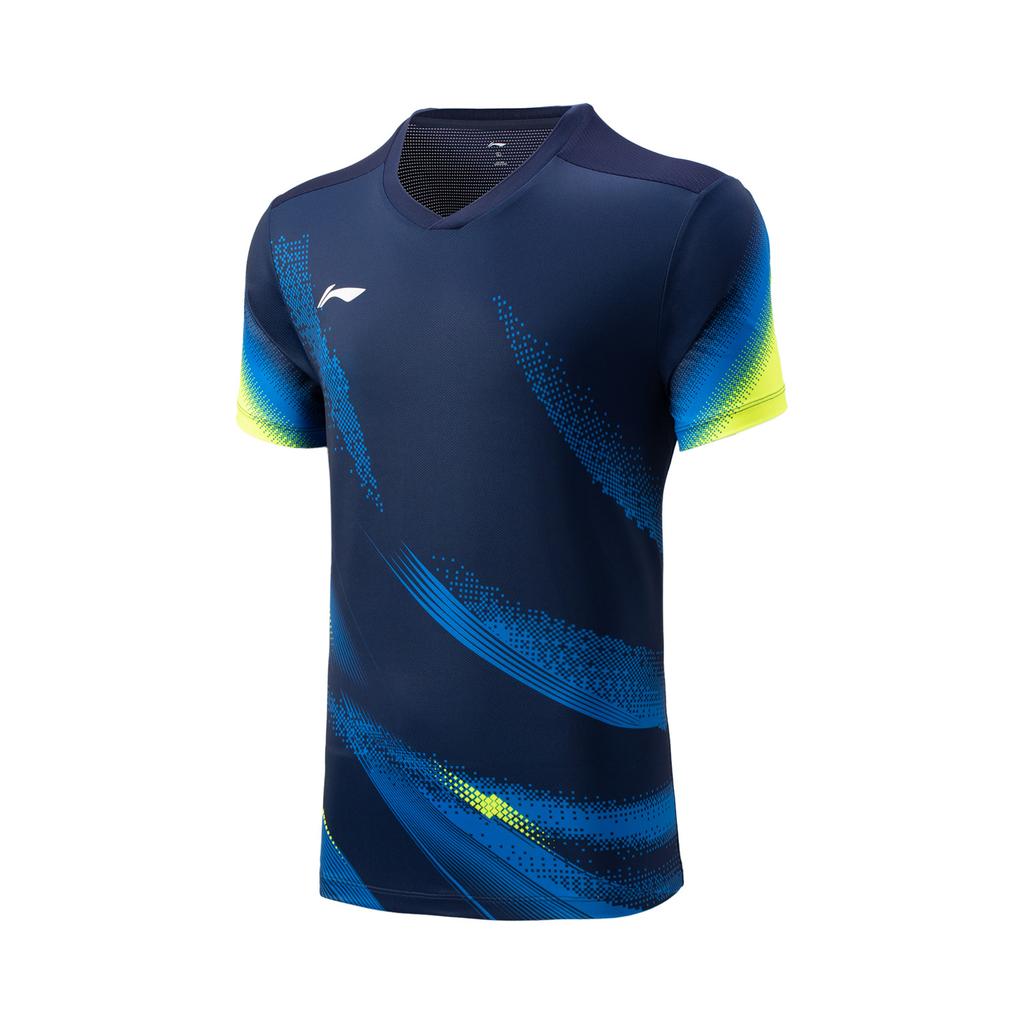 Li Ning Badminton Series Striped V-Neck Soft Comfortable Breathable Versatile Short Sleeve T-Shirt Unisex Tops Sailor-Blue AAYV167-4