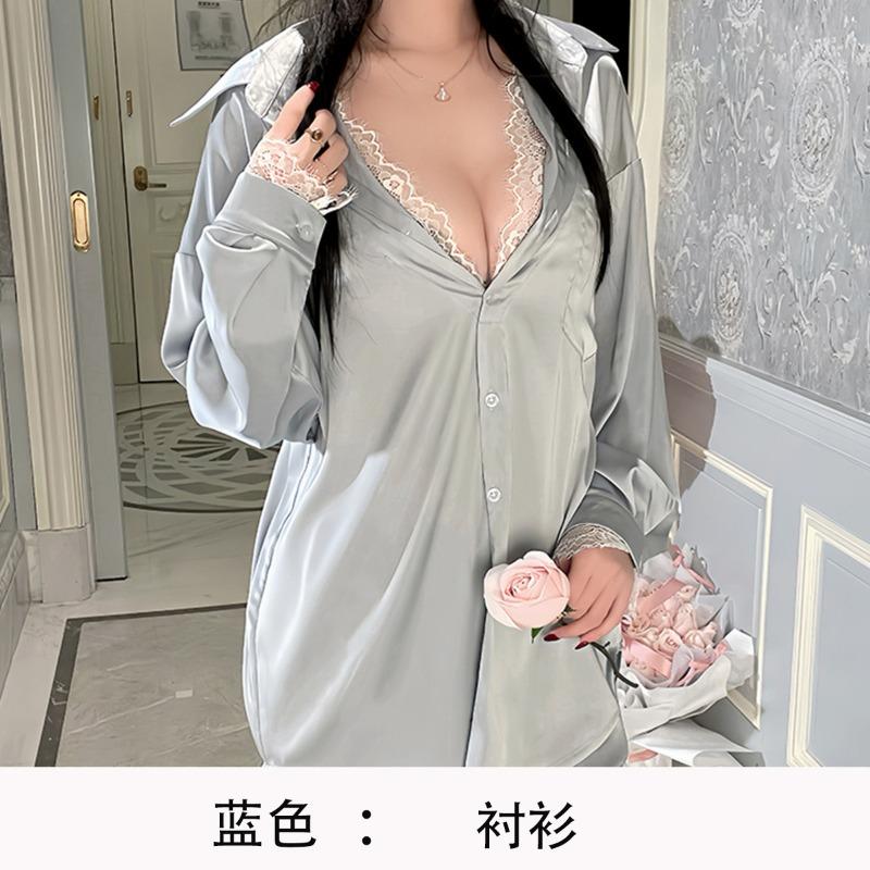 Boyfriend style shirt sexy large size pajamas pure lust thin lace fake two pajamas loungewear