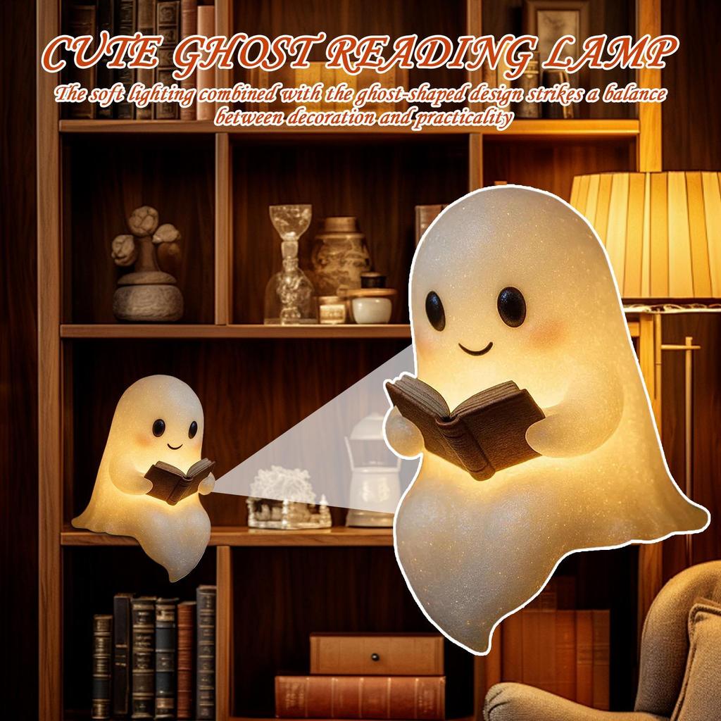 Cute Ghost Reading Lamp LED Sitting Ghost Reading A Book Night Light For Halloween Bathroom Bedside Decoration