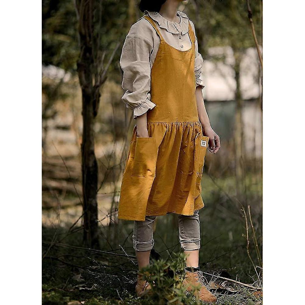 Cotton Linen Cross Back Apron For Women With Pockets For Painting Gardening