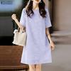 ZANZEA Women Casual Round Neck Short Sleeve Summer Subtle Patterned Dress
