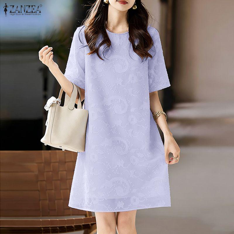 ZANZEA Women Casual Round Neck Short Sleeve Summer Subtle Patterned Dress