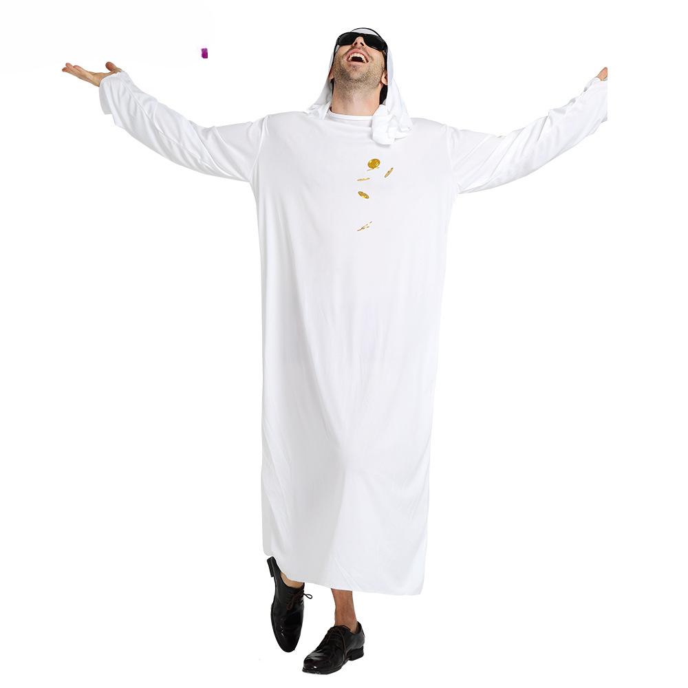 Halloween Carnival Cosplay Arab Sheikh Prince Masquerade Ball Men Pure White Middle East Dubai Robe Send Turban