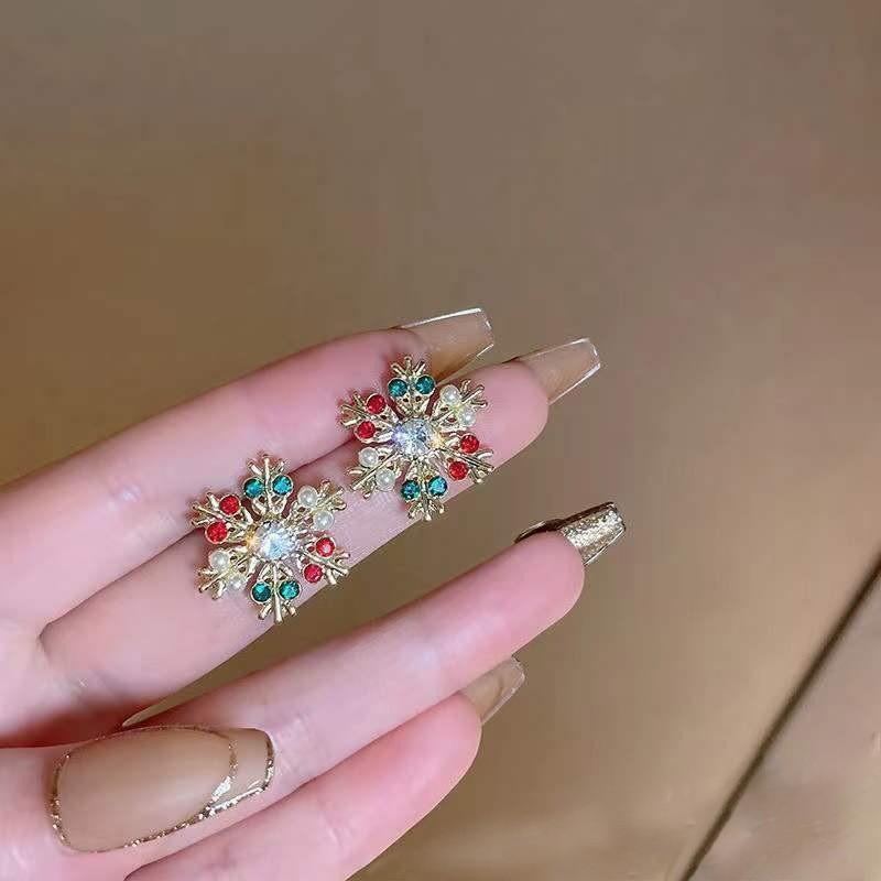 Christmas Snowflake Earrings With Colorful Rhinestones And Alloy For Women