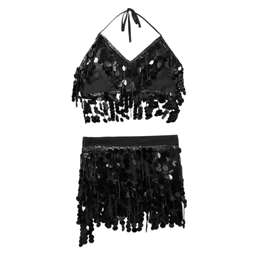 2 Deler, BH med paljettdusker, Topp med frynser, Magedansskjørt, Karneval, Klubb, Kostymer