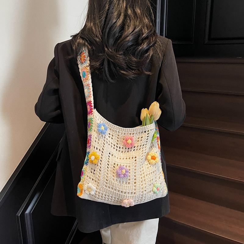Women Cute Knitting Tote Bag Wear Resist Lovely Woven Shoulder Bag Stylish Knit Shoulder Bag Seaside Trip Shopping Beach Bag