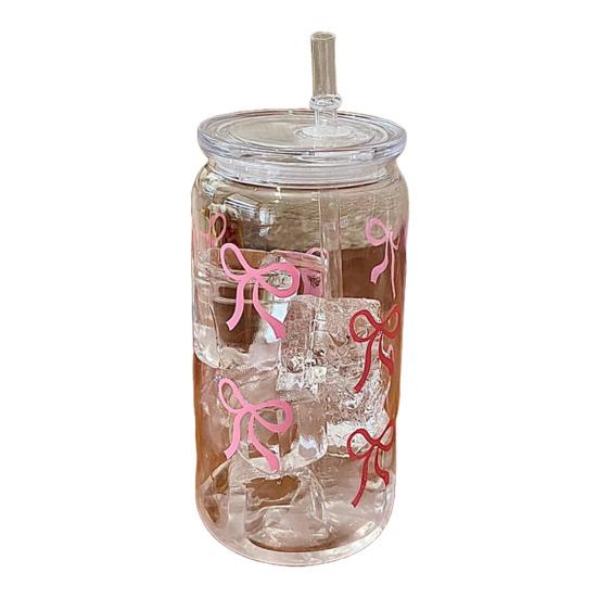 

Кружка для воды с милыми принтами бантов, бутылка для воды в форме банки Мейсона, 500 мл, не содержит БФА, многоразовый тамблер для кофе, сока 500ML Bowknot