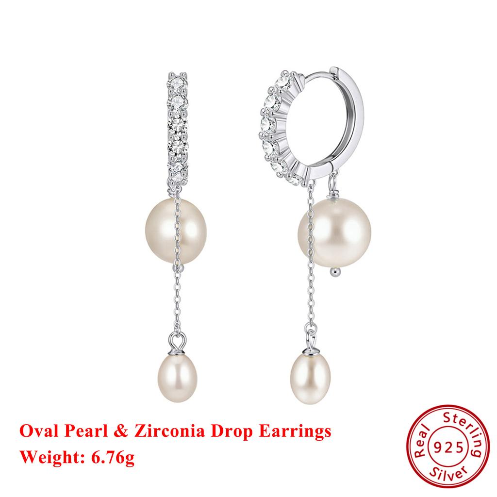 Effie Queen 925 Sterling Silver Zircon Long Drop Earring Elegant Freshwater Pearl Pendant Dangle Earring Fine Jewelry GPE126