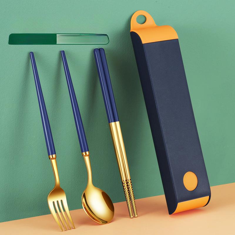 Stainless Steel Tableware Set Spoon Outdoor Chopsticks Three-piece Set Student Portable Tableware Set