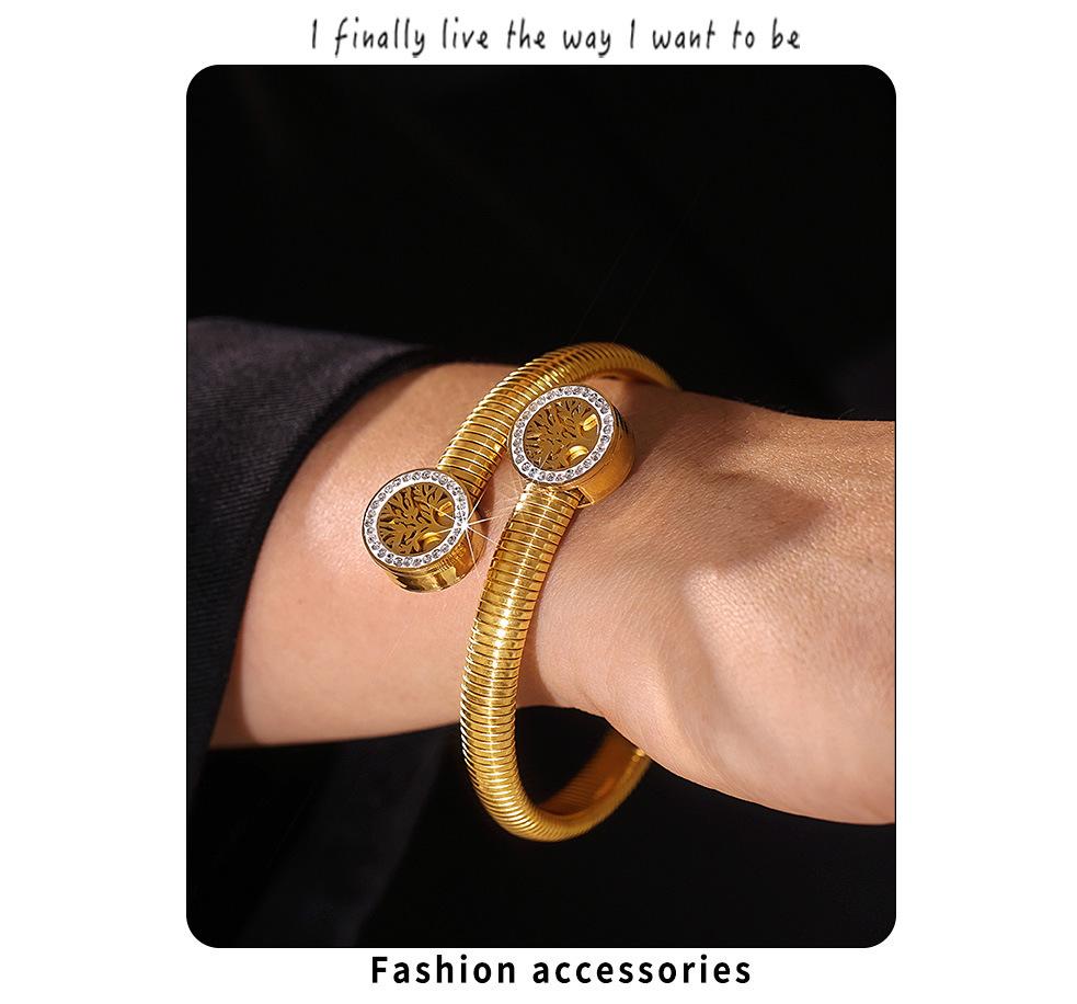 18k Gold Plated Life Tree Rhinestone Open-end Bracelet, European & American Design, Titanium Steel