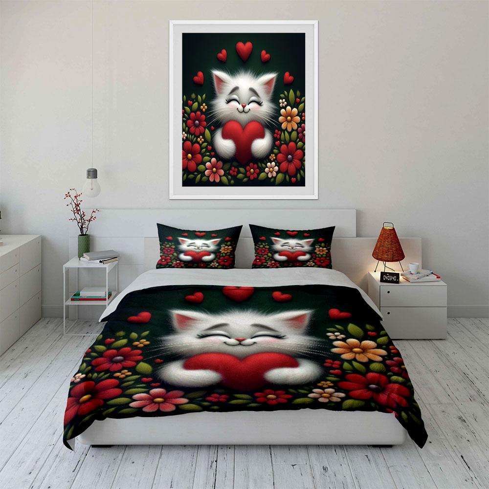 3D Fluffy White Cat Red Heart Floral Bedding SetCute Kitten Flower Valentine Warm Print Kids Bed Set 1 Duvet Cover 2 Pillowcase