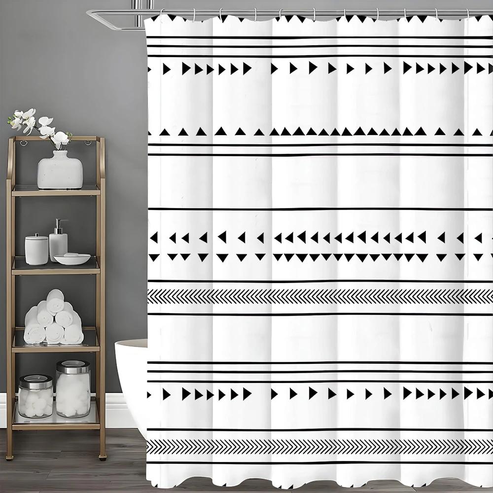 Black and White Bohemian Elegant Geometric Triangle Shower Curtain, Bathroom Decorative Shower Curtain, Waterproof Shower Curtai