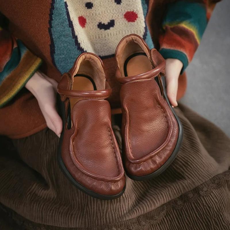 Johnature Sandales de Ville en Cuir Véritable Rétro Polyvalentes Peau de Vache Bout Rond Petit Talon Chaussures pour Femmes