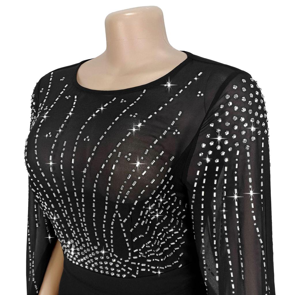 Elegant European & American Fashion Women's See-through Dress with Hot Drilling Details.